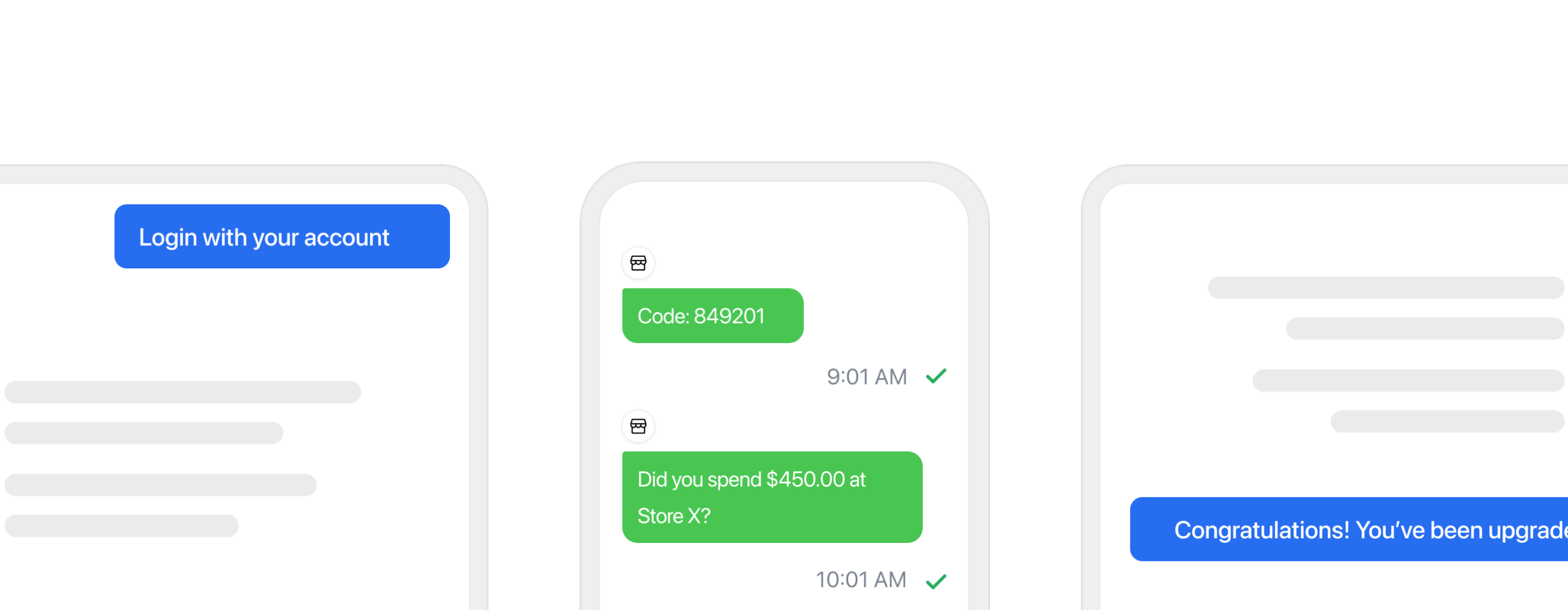 A login request producing a verification code, a transaction alert and an account confirmation, each with a delivery status