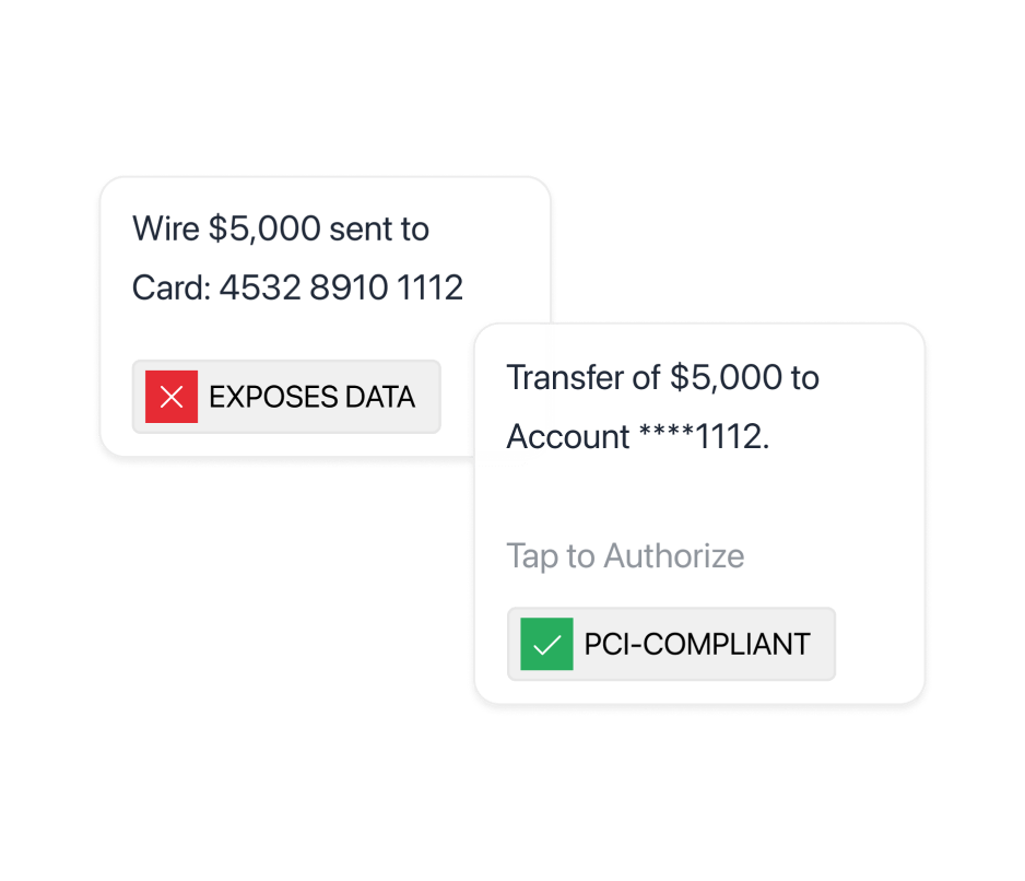 A transaction alert carrying a masked identifier and a link into an authenticated product surface